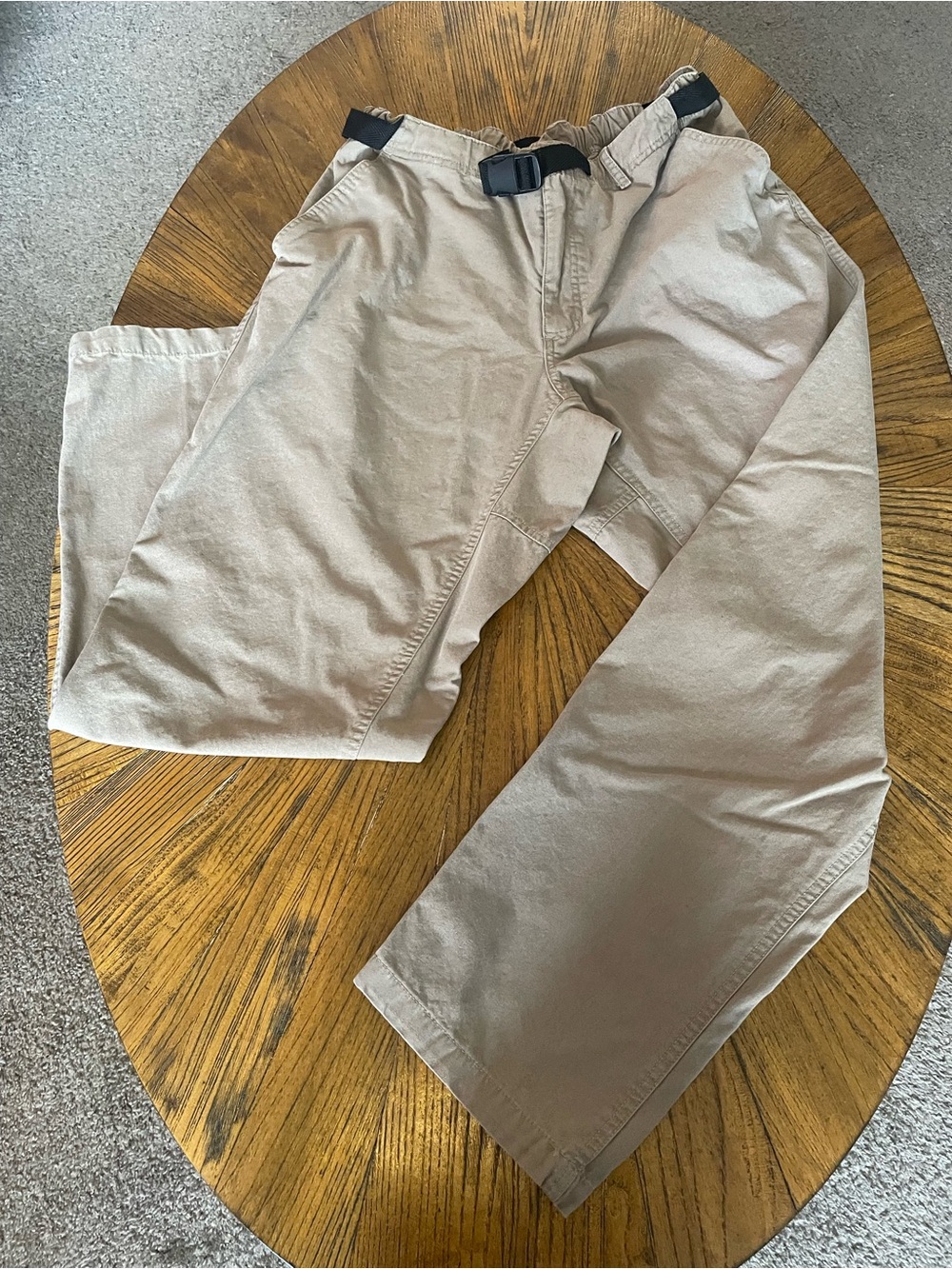 sahalie 100% Organic Cotton Wide Leg Hiking Pants in Light Khaki with Black Belt